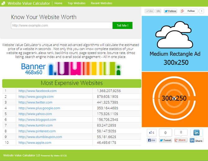 Show website value calculator